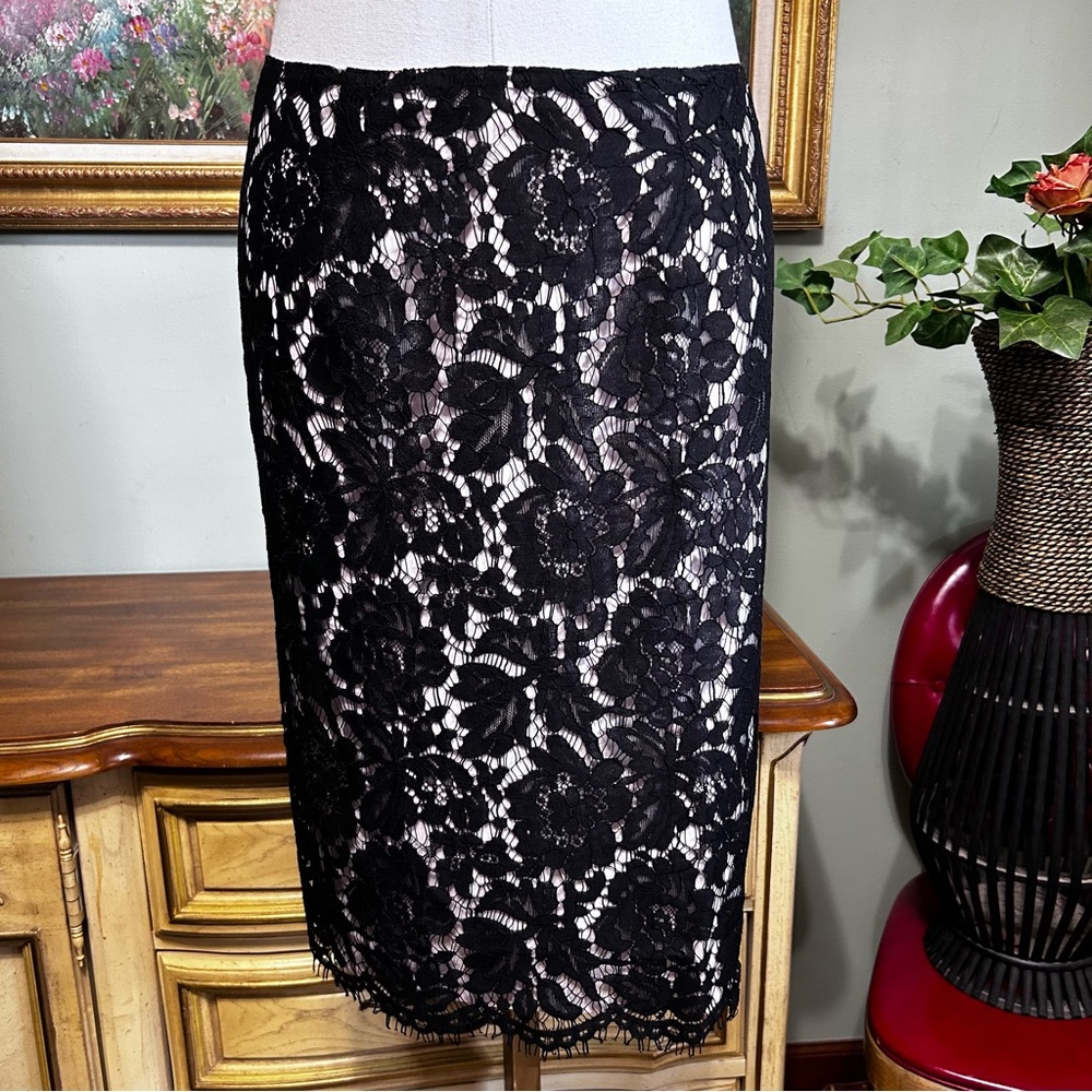 Vince Camuto Black Floral Lace Overlay Blush Pink Lined Fringe Hem Skirt